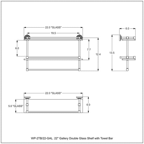 Technical drawing of Oil Rubbed Bronze Gallery Double Towel Bar With 22 Inch Glass Shelf Dope Wall Mount Set with dimensions.