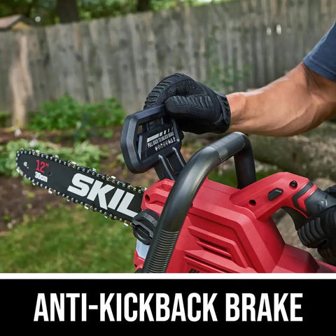 Close-up of Cordless 20V Brushless Chainsaw With 12 Inch Bar And Tool Free Tension Lightweight Outdoor Power Tool Battery Kit, showing anti-kickback brake in use.