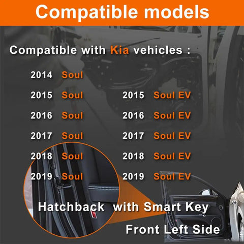 Compatible models for Heavy Duty Power Door Lock Actuator For Kia Soul 2014 To 2019 And Soul EV 2015 To 2019 shown with a hatchback.