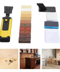 Wood Floor Repair Kit With 11 Color Matching Wax Sticks, repair tool, sponges, and cloths for fixing scratches and cracks.