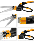 Ultimate 360 Degree Swivel Grass Shears With 5 Inch Stainless Steel Blades, orange handle, showing swivel mechanism.