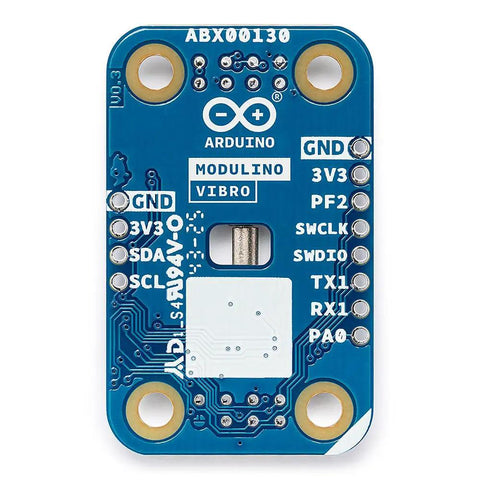 Modulino Vibro Vibration Feedback Module With Qwiic Sensor, blue circuit board, Arduino prototyping, tactile alerts for projects.
