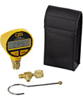 Front view of CPS VG200 digital vacrometer in yellow with LCD display, two buttons, brass fittings, T-fitting, hook, and padded case.