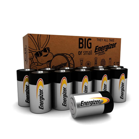 Heavy Duty Alkaline C Batteries 12 Pack with Energizer branding, ideal for flashlights, drones, and smart home devices.