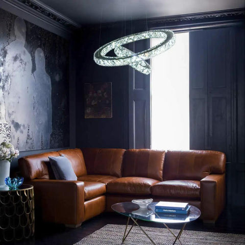 Dope Modern Crystal Chandelier With Two Ring Pendant Lighting Dimmable LED Ceiling Light in elegant living room setting