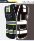 9 Pocket Hi Vis Safety Vest With Zip Front Mesh In Black Dual Tone Reflective Strips Lightweight Breathable ANSI ISEA