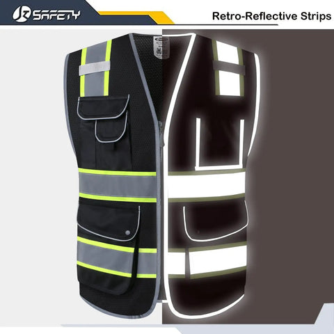 9 Pocket Hi Vis Safety Vest With Zip Front Mesh In Black Dual Tone Reflective Strips Lightweight Breathable ANSI ISEA
