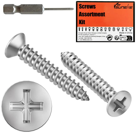 Straight Up Hella Durable 200 Pack Flat Head Self Tapping Stainless Steel Screws Low Profile Countersunk Design For Thin Boards includes Ph00 bit.