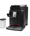 Zero Stress Super Automatic Espresso Machine With Integrated Milk Frother For Silky Latte Creations Featuring One Touch Brewing and sleek matte black design.