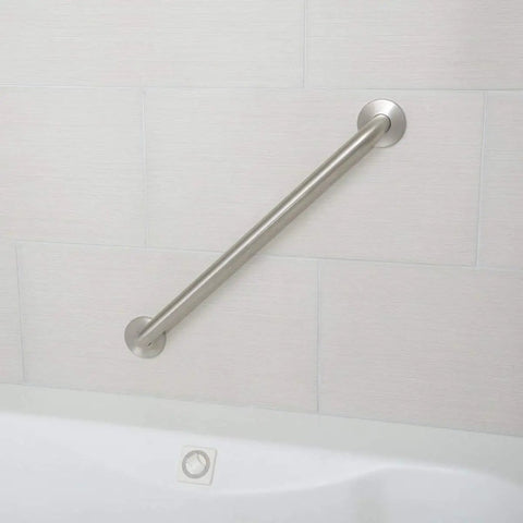 Built Tough Bathroom Safety Grab Bar 18 Inch Long 1.5 Inch Diameter Hand Rail For Tub And Shower mounted on bathroom wall.
