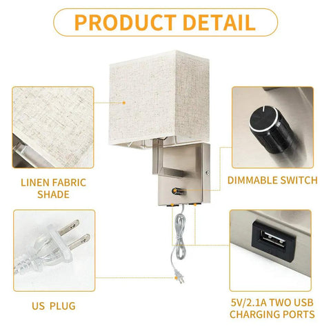 Bedside Wall Mount Lamp With Dimmer Switch And Dual USB Ports, Linen Fabric Shade Wall Sconce With Plug In Cord In Satin Nickel Finish