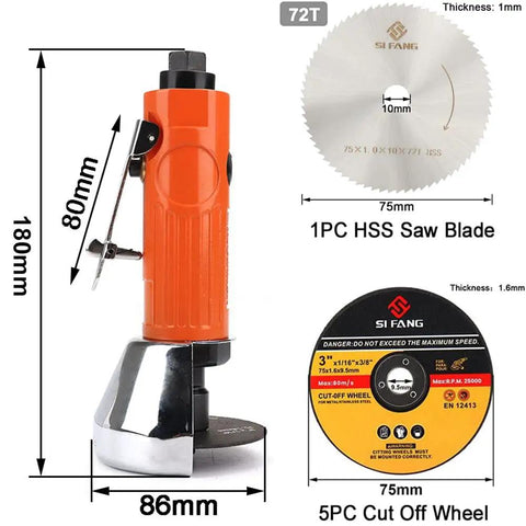 Heavy Duty Pneumatic Air Cut Off Tool Kit With 5 Pcs Three Inch Cut Off Wheels And HSS Saw Blade Includes Wrench And 1 Quarter Inch NPT Fitting, showing tool dimensions and components