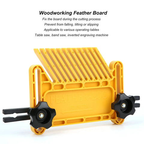 No Sweat 2 Pack Featherboard Set For Table Saw Router Table And Band Saw delivering dead steady grip with a yellow featherboard with clamps.