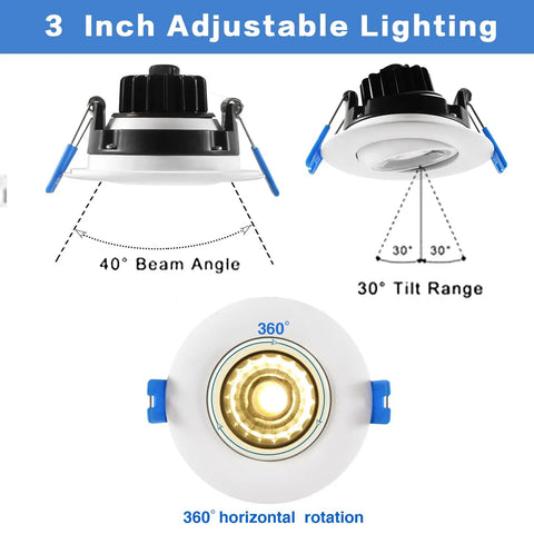 3 Inch Waterproof Recessed Shower Light With 9W COB LED, Adjustable Gimbal, 360° Rotation, 30° Tilt, Beam Angle Display