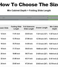 Size guide for 22 Inch Heavy Duty Soft Close Drawer Slides With Full Extension Ball Bearing Side Mount Rails, 150 Lb Load Capacity.