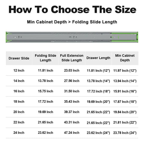 Size guide for 22 Inch Heavy Duty Soft Close Drawer Slides With Full Extension Ball Bearing Side Mount Rails, 150 Lb Load Capacity.