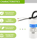 60uF 250V AC CBB60 Motor Run Capacitor Two Wire 50 60 Hz Cylinder Style with electrical characteristics overlay