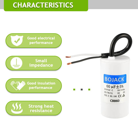 60uF 250V AC CBB60 Motor Run Capacitor Two Wire 50 60 Hz Cylinder Style with electrical characteristics overlay