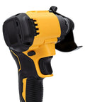 Heavy Duty Cordless Angle Grinder Kit Pumping Out Hella Smooth Cuts And Beast Mode Brushless Power showing side view of body and guard.