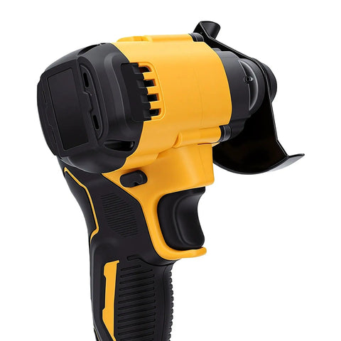 Heavy Duty Cordless Angle Grinder Kit Pumping Out Hella Smooth Cuts And Beast Mode Brushless Power showing side view of body and guard.