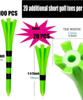 Image showing 100 long and 20 short green plastic golf tees with dimensions, part of Bulk 120 Pack Plastic Golf Tees Set With 100 Long Three And A Quarter Inch Tees And 20 Short One And A Half Inch Tees Mixed Colors Durable Nylon Plastic Construction Friction Reduced Teeing For Consistent Drives On The Course.