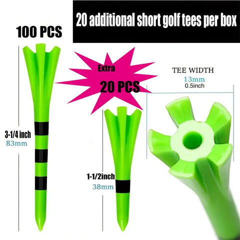 Image showing 100 long and 20 short green plastic golf tees with dimensions, part of Bulk 120 Pack Plastic Golf Tees Set With 100 Long Three And A Quarter Inch Tees And 20 Short One And A Half Inch Tees Mixed Colors Durable Nylon Plastic Construction Friction Reduced Teeing For Consistent Drives On The Course.