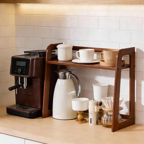 Natural Bamboo Coffee Station Organizer, 2-Tier Wooden Counter Shelf For Bar Gear And Syrup Bottles on kitchen counter.