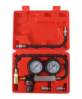 Front view of TU-21 cylinder leak-down tester kit in red case with two gauges, hoses and brass fittings.