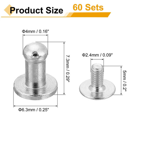 Diagram showing dimensions of 60 Pcs Set Of 4mm Chicago Screws Round Head Leather Rivets for DIY crafting and repair, silver finish.