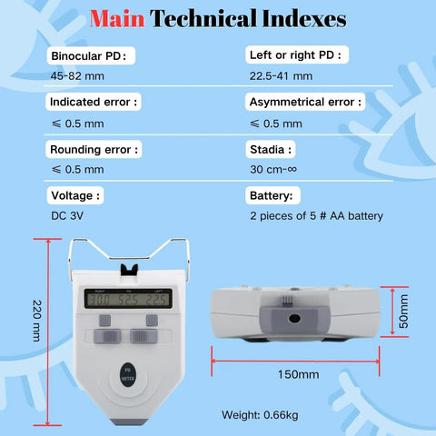 Optical Digital Pupilometer With Memory Function LCD Display IPD Meter For Eyeglasses Fitting Pro Grade Precision Diopter Compensation Pupil Distance Measurement Device Dope Refraction Tool technical specs and dimensions shown
