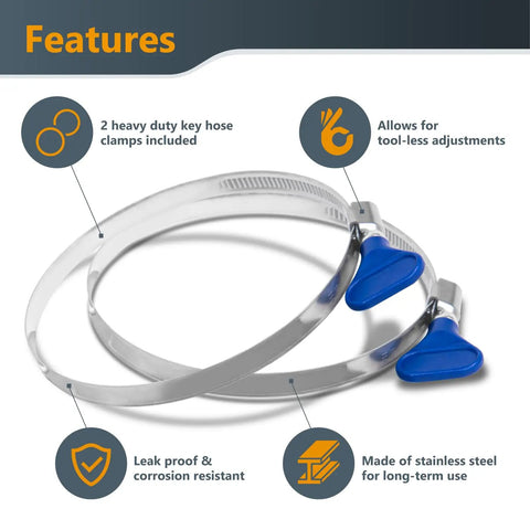 Features of Hella Flexible 4 In By 5 Ft PVC Dust Collection Hose with two stainless key clamps for easy adjustments.