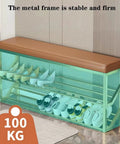 Industrial Entryway Shoe Bench With Seating Two Tier Metal Shoe Rack In Beige And Gold holding shoes, sturdy metal frame