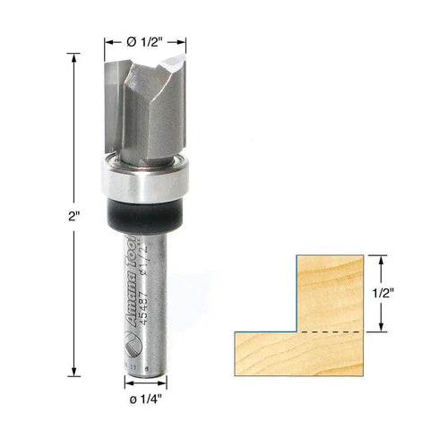 Carbide Tipped Flush Trim Plunge Router Bit For Pattern Routing Half Inch Diameter Half Inch Cutting Length Quarter Inch Shank Upper Ball Bearing Handy Template Router Bit For Woodworking shown with measurements