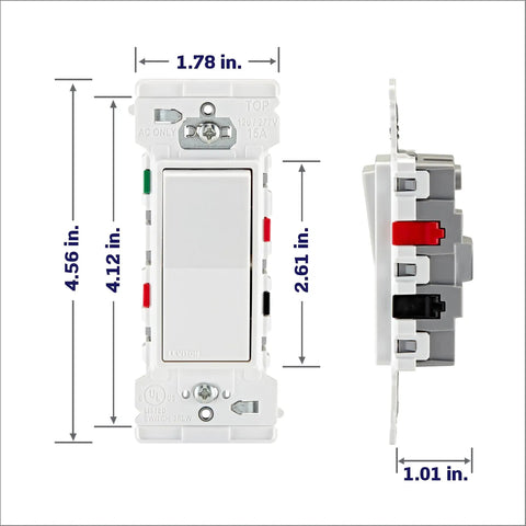 Lever Edge 15 Amp 3 Way Rocker Switch Set 10 Pack White Ready For Quick Wiring with size dimensions and color-coded lever