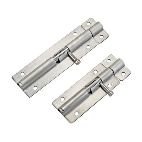 Heavy Duty 304 Stainless Steel Door Bolt Buckle For Home Safety And Security Plus Indoor Spring Hinge Pin Set showing two sizes.