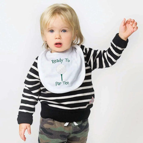 Child wearing Ready To Par Tee Golf Baby Bib For Infants Soft White Bib With Adorable Golf Ball On A Tee One Size Nursery Accessory.