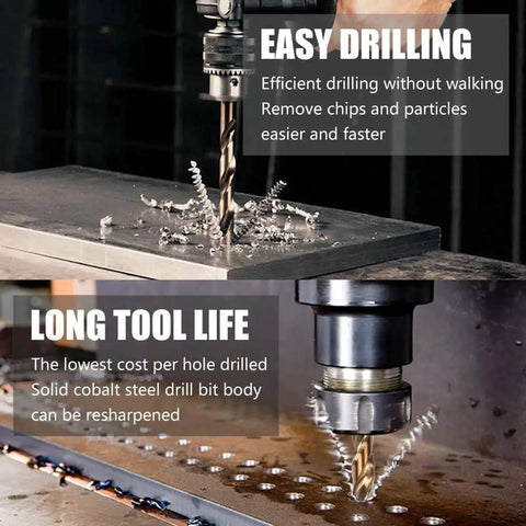 Premium 99 Piece Cobalt Drill Bit Set 1.5 To 10Mm Range Precision Ground for stainless steel and wood drilling in action.
