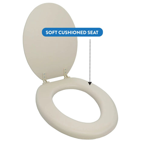 Champagne Elongated Soft Cushioned Toilet Seat with plush vinyl cushion, off white, fits all elongated toilets, open view