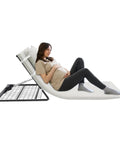 Electric Adjustable Bed Backrest With Remote For Reclining 80 Degrees, Heavy Duty Foldable Support For Seniors And Disabled Up To 330 Lbs, Thick Sponge And Removable Pillow Beige, angle view with pregnant woman reclining.