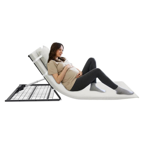 Electric Adjustable Bed Backrest With Remote For Reclining 80 Degrees, Heavy Duty Foldable Support For Seniors And Disabled Up To 330 Lbs, Thick Sponge And Removable Pillow Beige, angle view with pregnant woman reclining.