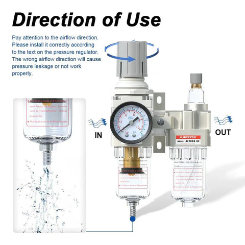 One Quarter Inch NPT Air Filter Regulator Lubricator Combo With Water Separator And 5 Micron Brass Element, showing airflow direction.