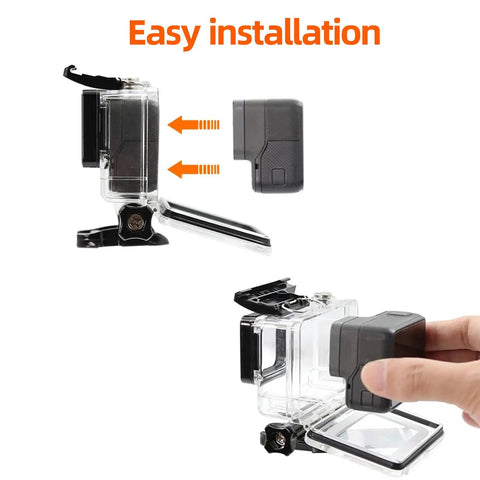 Rugged Underwater Housing For Action Camera 40m Waterproof Case For Hero 7 6 5 Black showing easy battery installation