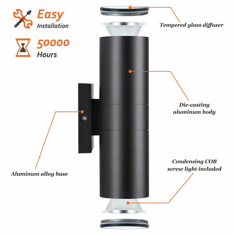Two Pack Outdoor Wall Light With Slick Integrated LED Cylinder Up Down Lighting, 12W 2700K Warm White, Aluminum Matte Black