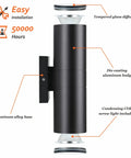 Outdoor Wall Lights 4 Pack Integrated LED Cylinder Up Down Lights 12W 2700K Aluminum Exterior Wall Fixture 1200lm Output for Porch Patio Door IP65 Waterproof Matte Black with tempered glass diffuser and aluminum body, labeled diagram.