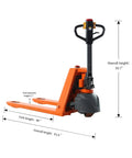 Side view of Electric Pallet Jack Truck With 3300 Lb Capacity Beefy Motorized Lift For Indoor Storage And Material Handling 48 By 27 Inch Forks Lithium Battery Powered Pallet Jack Heavy Duty Orange EPJ3300.