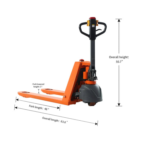 Side view of Electric Pallet Jack Truck With 3300 Lb Capacity Beefy Motorized Lift For Indoor Storage And Material Handling 48 By 27 Inch Forks Lithium Battery Powered Pallet Jack Heavy Duty Orange EPJ3300.