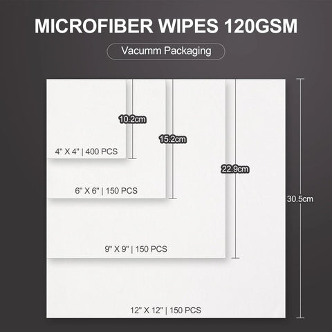 Front view of microfiber wipes chart showing sizes 4x4 (400 pcs), 6x6 (150 pcs), 9x9 (150 pcs), 12x12 (150 pcs).