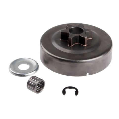 Three Eighths Inch Six Tooth Clutch Drum Sprocket Kit with Washer and E Clip for quick chainsaw repairs, durable iron construction.