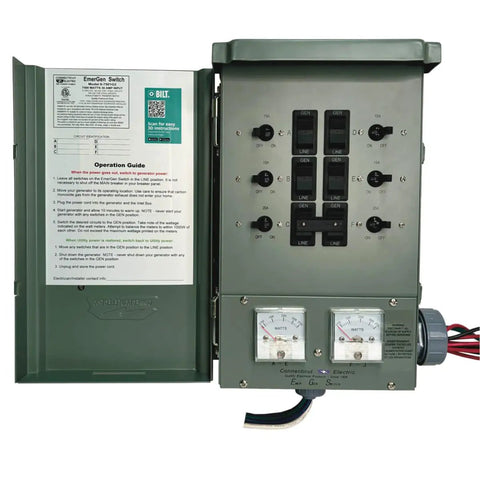EmerGen Backup Power Manual Transfer Switch Kit 30 Amp 6 Circuit 7500 Watt open view with operation guide
