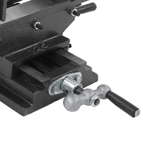 5 Inch Cross Slide Drill Press Vise For Heavy Duty Cast Iron Milling, close-up of ergonomic handle and sliding mechanism.